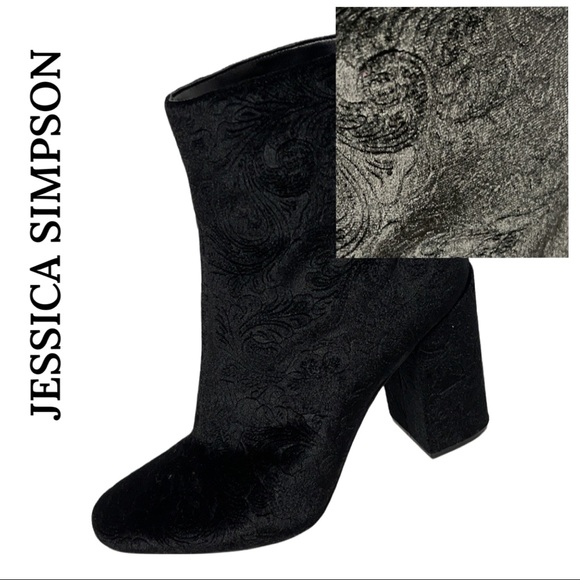 Jessica Simpson Aninada Velvet Embossed Block Heel Ankle Booties Size 9.5 Black - Picture 1 of 9